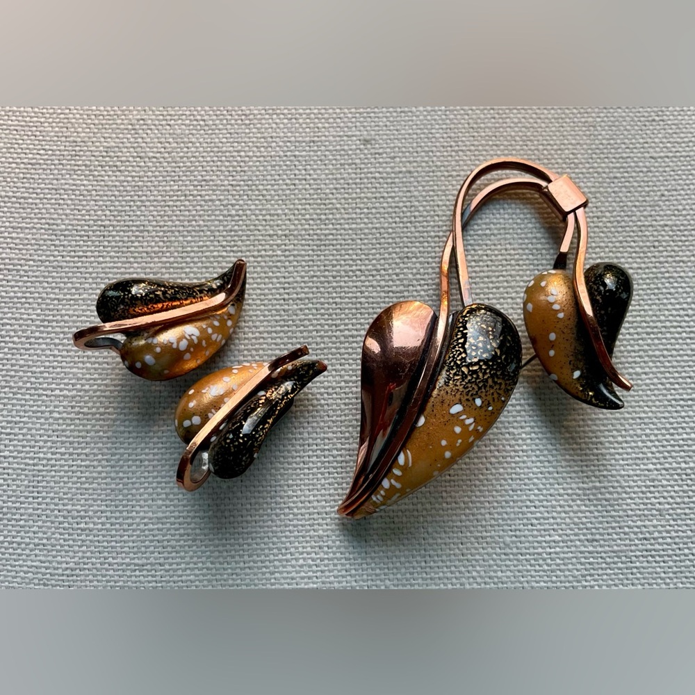 Vintage Matisse Renoir Copper Leaf Brooch Pin and Earrings Set